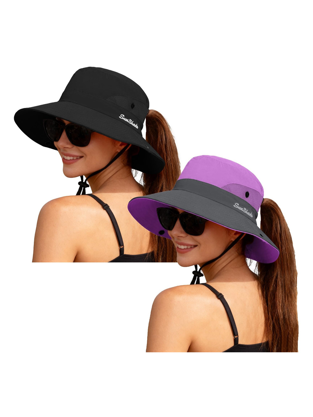 Women's Ponytail Safari Sun Hat,Wide Brim UV | Black, Purple | Size 6 3/4-6 7/8